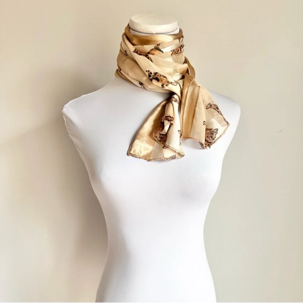 Metallic Gold Cream Chiffon Satin Silky Cat Print Scarf